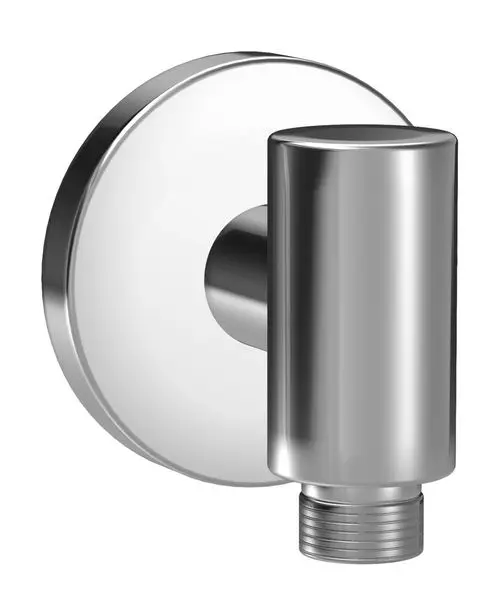 Wandanschlussbogen aus verchromtem Material, montiert auf runder Rosette. Standardanschluss für Sanitärinstallationen, verwendet häufig in HANSA-Produkten.